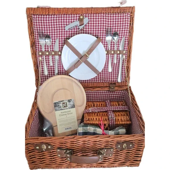 Wicker Picnic Basket for 2 Gingham Line Chz Slicer Plates Cutlery glasses linens