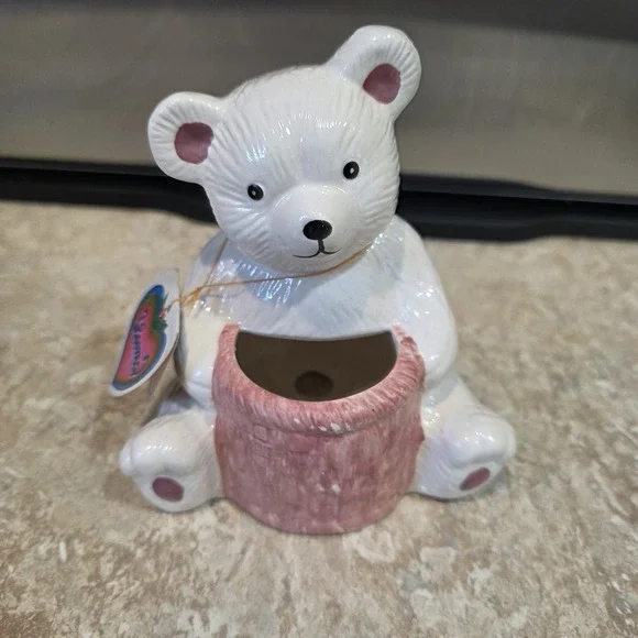 Vintage Porcelain White Bear Planter LOOMCO Gift Tag 1992 5