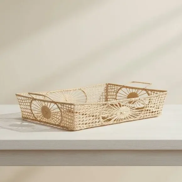 Vintage Iraca Palm Woven Serving Tray Basket-Boho-Coastal-Farmhouse-Organizer