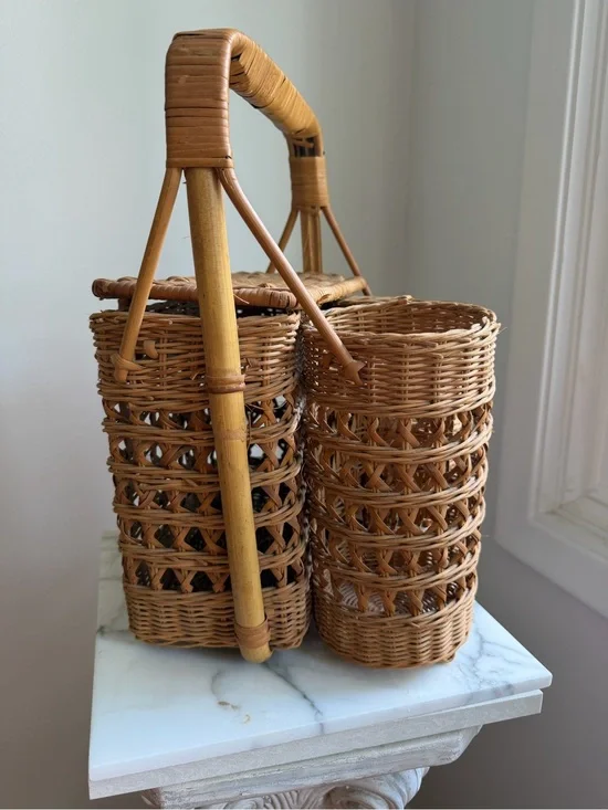Vintage Woven Rattan Double Bottle Carrier in Natural Brown
