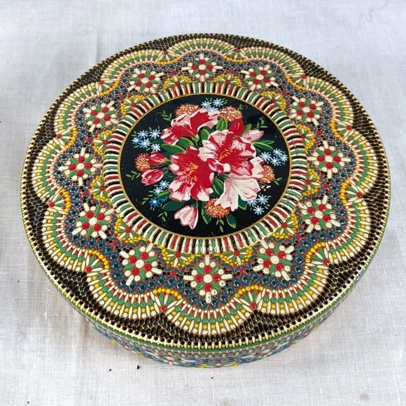 Vintage Container Made in Holland Round Floral Tin Gold Black Red Boho Folk Art