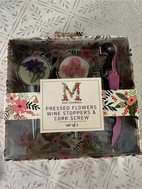 Pink Pressed Flower Wine Stoppers & Corkscrew Set