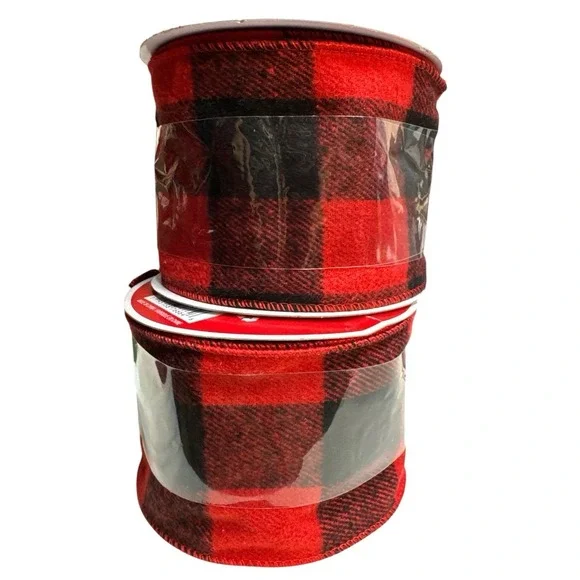 2Pcs Black Red Check Wired Ribbon 3.5