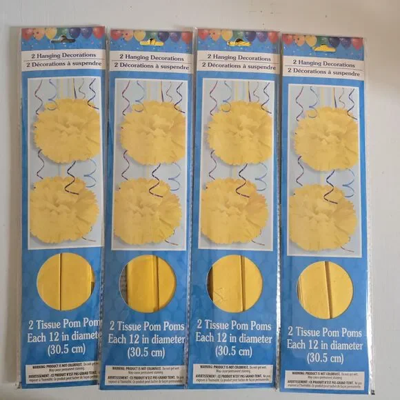 Lot of 8 (4 Packs) Yellow Tissue Pom Poms 12