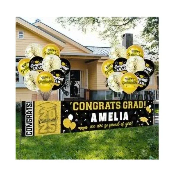 Personalized W/ Name Graduation Banner & Balloons Decorations Black And Gold '25