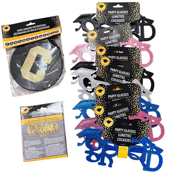 Graduation Party Supplies Bundle 7 Pairs Grad Glasses Swirl Decor Gold Balloon