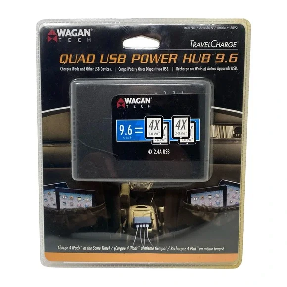 Wagan Tech TravelCharge‎ Quad USB Power Hub 9.6A 4-Port Car Charger Black 2892