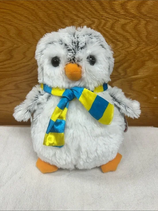 Peek-a-boo Plush White Penguin with Blue & Yellow Scarf - Soft Small Pet Toy