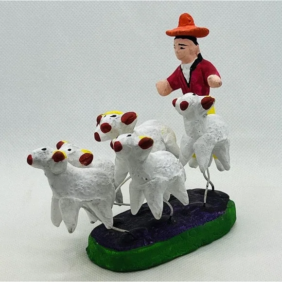 Vintage Mexican Folk Art Man Herding Sheep Clay Wire‎ Herder Farmer Lambs