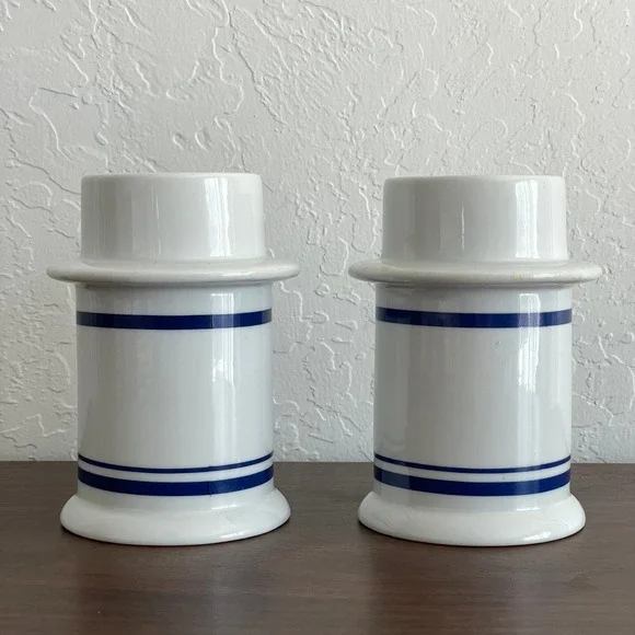 Vintage Dansk? MCM Candle Holders Christanshavn Blue White Taiwan Pair 2‎