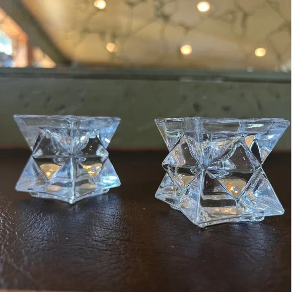 Vintage Geometric Starburst Crystal Style Candle Holder Pair 70s Space Age Decor