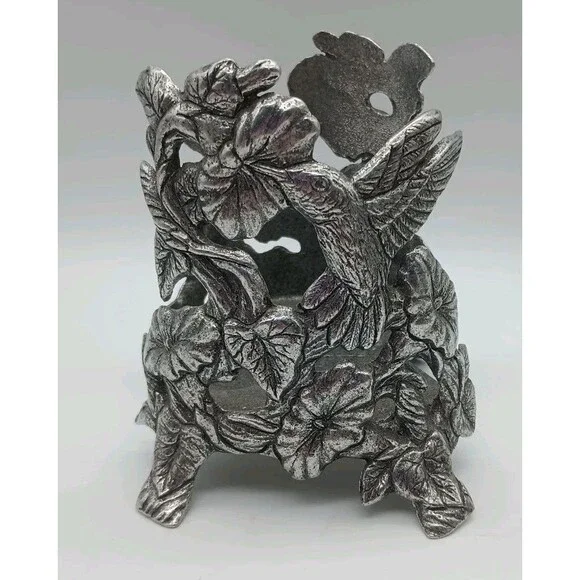 VTG 90s Carson Pewter Hummingbird Jar Candle Holder Yankee Candle Flowers 1996
