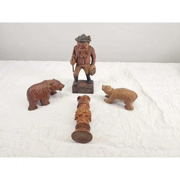 Set Of 4 Black Forest Items 2 Bears,  Figure And Sewing Item Holder Rare Vintage