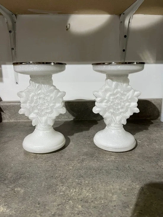 Valerie parr hill snowflake White Milk Glass pair of pedestals with Silver Trim