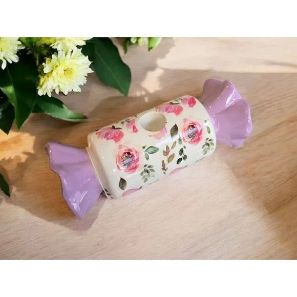 New Floral Shabby Chic Roses Ceramic Rolled Candy Candlestick Holder Home Decor