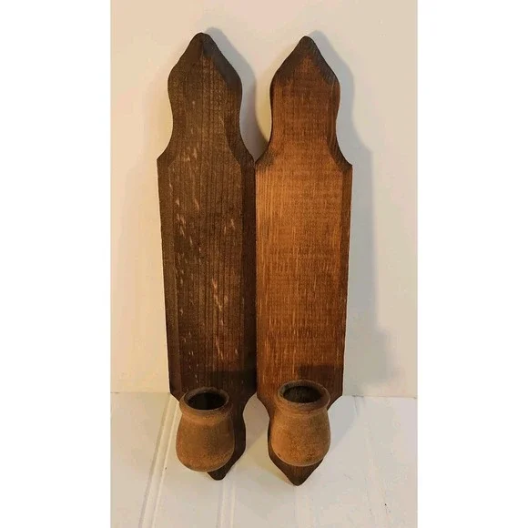 Vtg Wood Wall Candle Sconce Pair Cottage Rustic Farmhouse Country Core MCM Folk