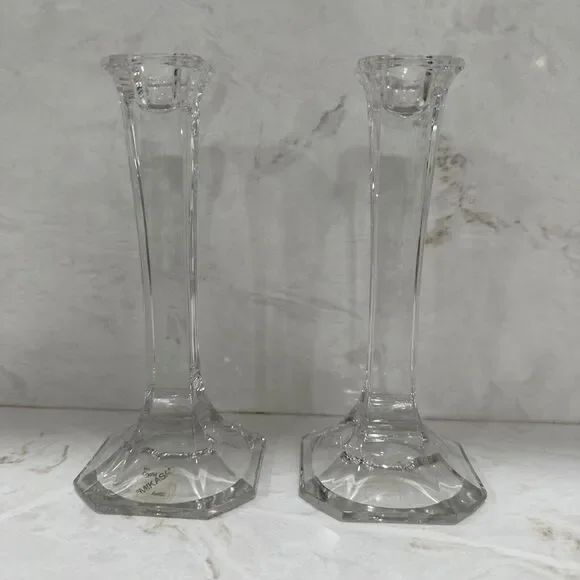 Vintage MCM Mikasa Hyde Park Clear Crystal Art Deco Taper Candle Holders Set 2