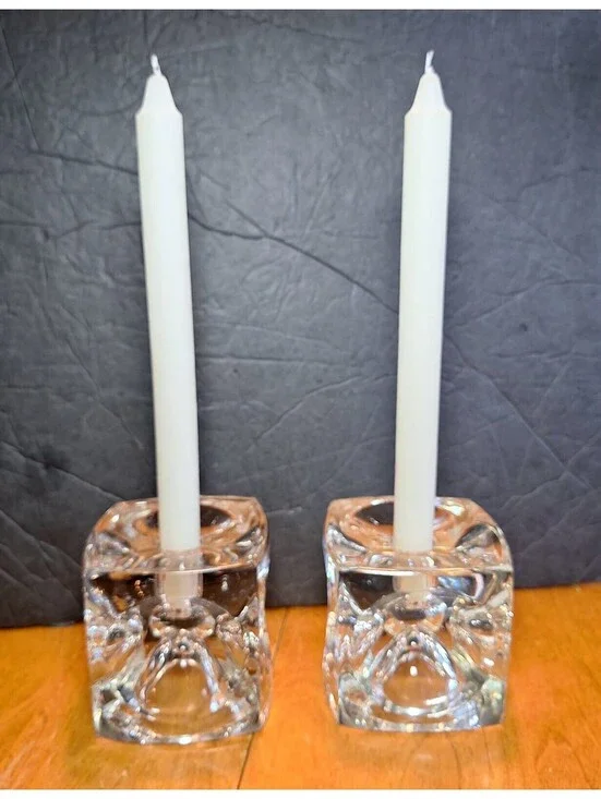 Vintage Czechoslovakia  Handmade Crystal Candle Holder Cubes Set of 2 3.5