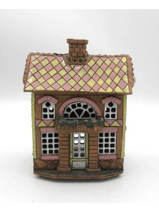 Vintage Lithuanian Terracotta Clay House Figurine Tealight Holder Hand Crafted