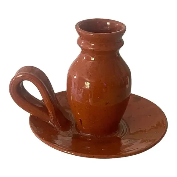 Vintage AR Cole Sanford Pottery Tobacco Spit Brown Candlestick Holder
