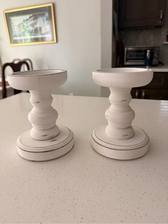 White Distressed Wood Pillar Candle Holders - Set of 2