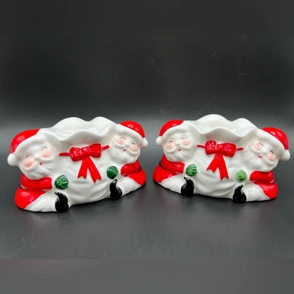 Vintage Ceramic Santas w/ Toy Bag Candleholder Pair Made in Taiwan Bone China