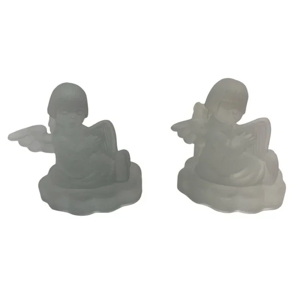 1995 Avon 24% Lead Crystal M.I Hummel Frosted Candlesticks  Angels Cherubs Harps