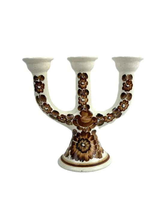 Vintage Polish Hand-Painted Ceramic Candelabra Mid-Century 3-Arm Candle Holder