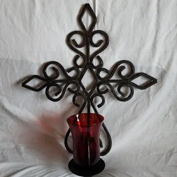 Heavy Hammered Metal Cross with Folding Candle Holder, incl. Red Glass Vase