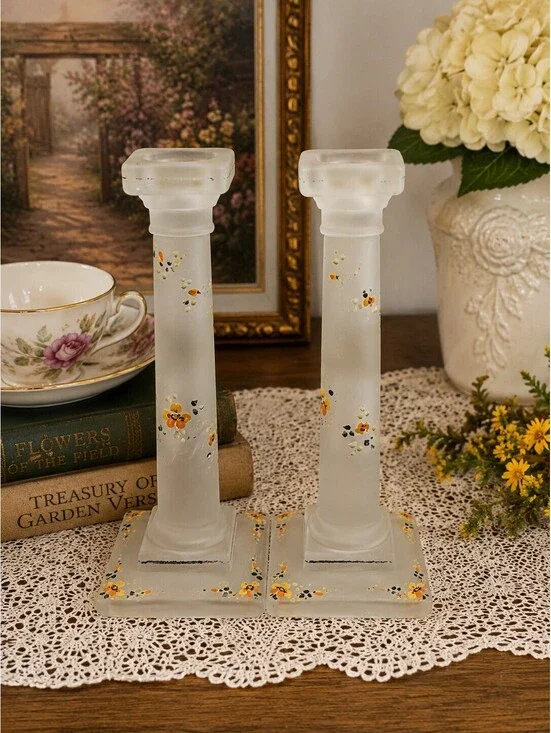 Vintage Hand Painted Satin Frosted Glass Candlestick Holders Pair Floral