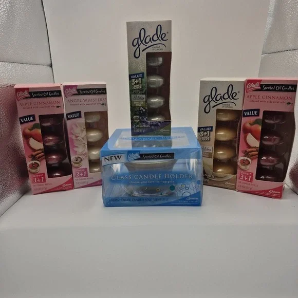 Glade Scented Oil Glass Holder & Lot Of 5 Oil Candle Refills