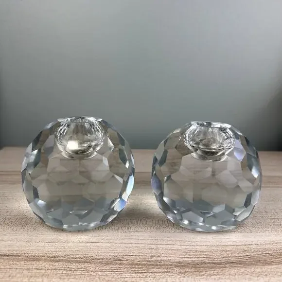 Vintage Faceted Spherical Glass Candlestick Holder Honeycomb Set of 2