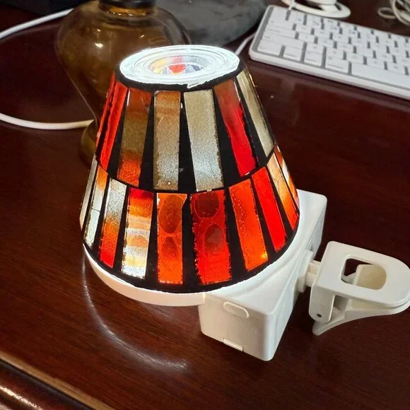 Vintage Amber Glass Mini Tea Light Lamp with Mosaic Brown Tone Lampshade