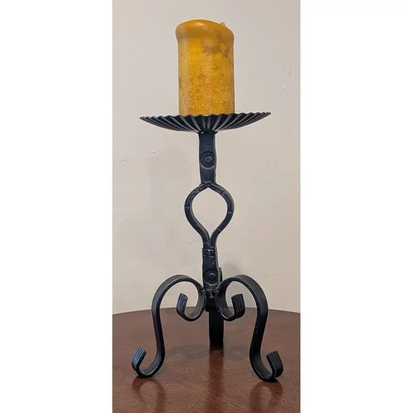 VTG Hand-Forged Black Iron Candle Holder Substantial Weight Scroll Design 13