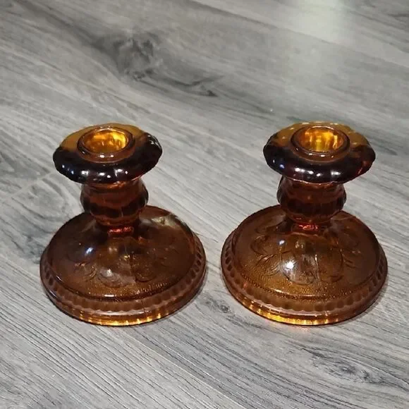 Vintage Set Of 2 Amber Tiara Indiana Glass Short Candlesticks