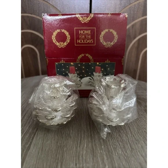 Vintage Silver Plated Christmas Candleholders Set of Two Pine Cone (NIB) 1997