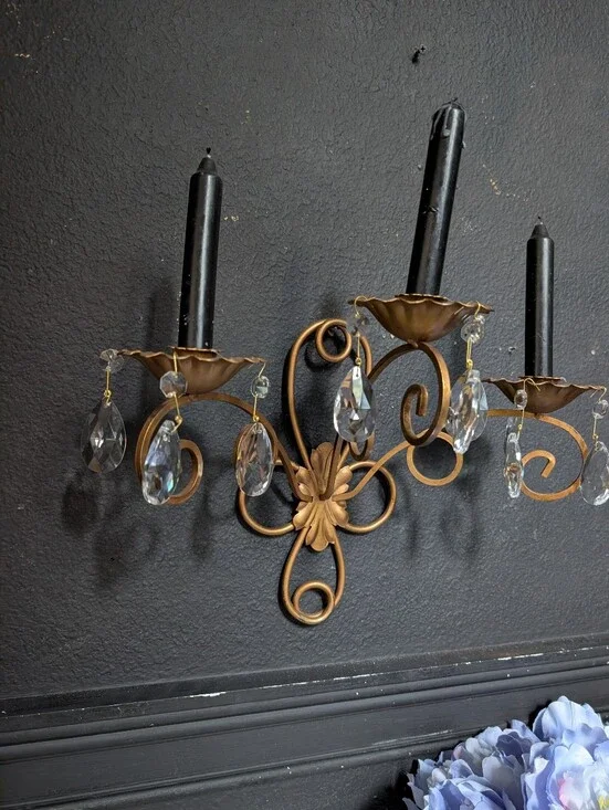 Vintage Gold Hollywood regency vintage wall candelabra sconce w/ ornate metal