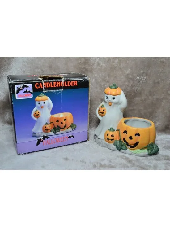 Vintage Ceramic Halloween Ghost Pumpkin Candle Holder Jack O Lantern Retro