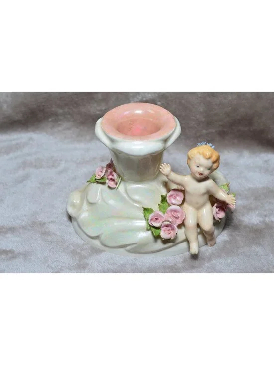 Vintage Ceramic Cherub Candle Holder Luster Cottage Coquette Shabby Chic Angel