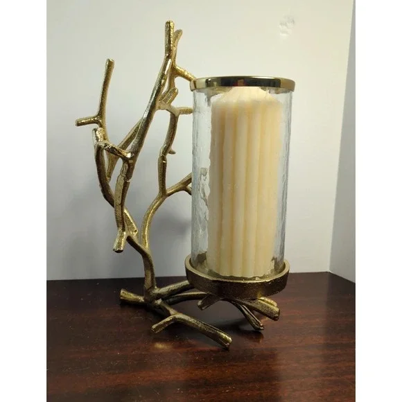 Gold Branch Hurricane Candle Holder Glass Cylinder Lantern Woodland Glam Decor