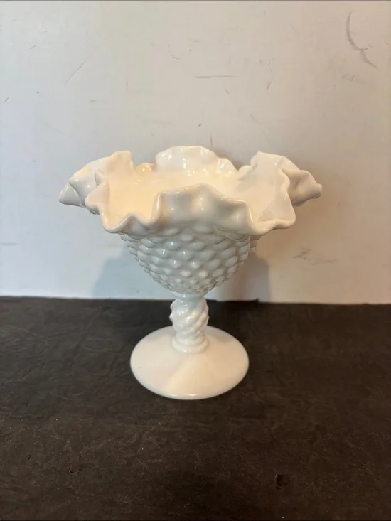 Fenton 3629 White Hobnail Milk Glass 5” Nut Compote with Ruffled Edge
