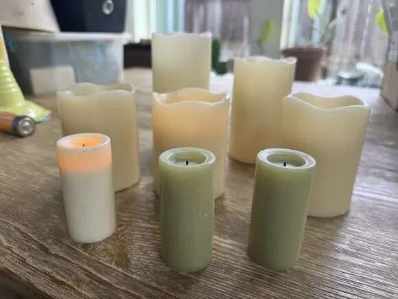 Set Of 8 Pillar Flameless Battery-Operated Wax Candles Ivory Sage. 3” 4” 5” 6”