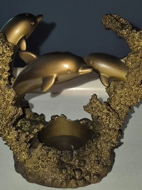 Vintage PartyLite Tealight Votive Candle Holder 3 Dolphins Bronze Tone Excellent