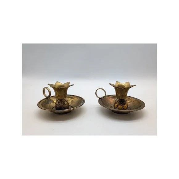 2 Set Vintage Brass Pineapple Chamberstick Candle Holders 4