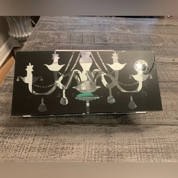 Mirror Chandelier 3 Tea-light Candle Holder Display, Black & Silver Glass, EUC