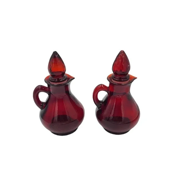 Vintage Pair Avon Cruet Cape Cod Ruby Red Glass Strawberry Top Numbers‎ 5 & 26