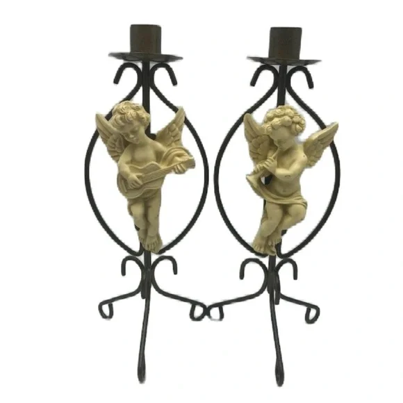 Vintage Metal Angel Set of 2 Taper Candle Holders Spiritual Holiday Décor Altar