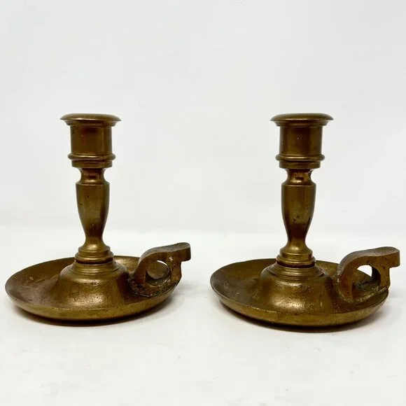 Vintage Brass Chamber Candlesticks Candle Holder Pair 6.5” Rustic Heavy Handmade