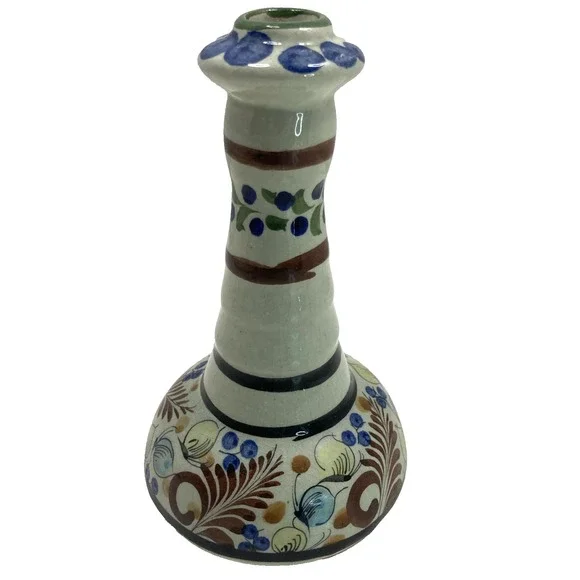 Vtg Folk Art Floral Mexican Tonala Pottery Candle Stick Holder‎ Signed 6 3/8