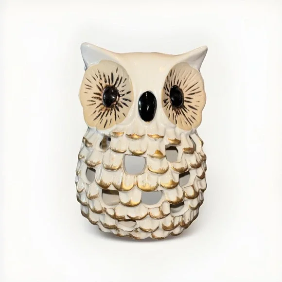 Ceramic Owl Candle Holder White Goldtone 6.75